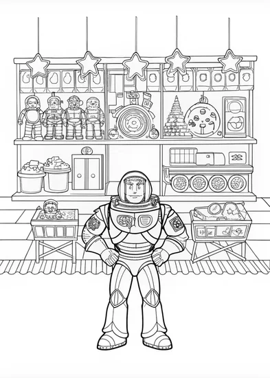 A coloring page of Buzz Lightyear in the Toy Aisle Coloring Page
