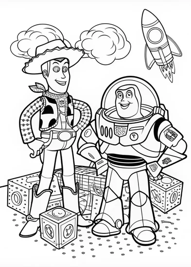 A coloring page of Buzz Lightyear and Woody Coloring Fun!