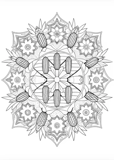 A coloring page of Cactus Mandala: Desert Bloom Coloring Page