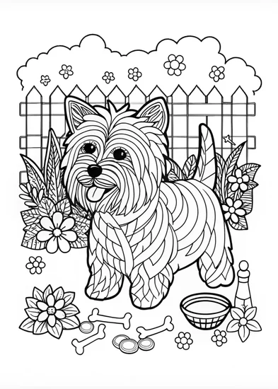 A coloring page of Westie Pup in a Garden
