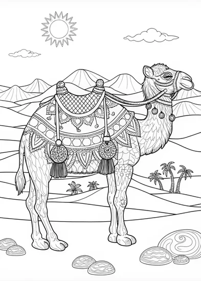 A coloring page of Majestic Camel Adventure Coloring Page