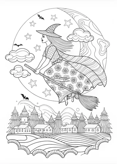 A coloring page of Celeste the Enchanting Witch’s Midnight Flight