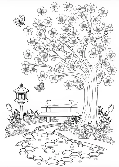 A coloring page of Cherry Blossom Serenity Coloring Page