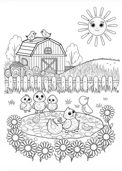 A coloring page of Chick’s Fun Day on the Farm