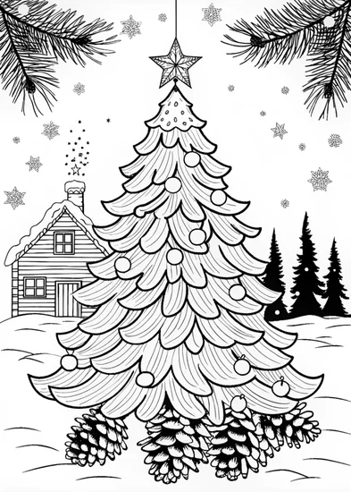 A coloring page of Christmas Tree in a Winter Wonderland