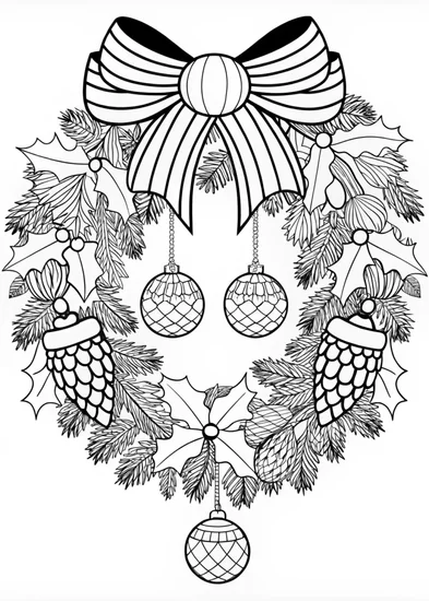 A coloring page of Festive Christmas Wreath Coloring Page