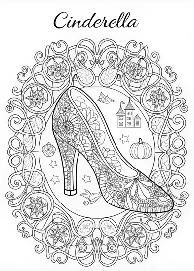 A coloring page of Cinderella’s Magical Shoe: A Royal Coloring Adventure