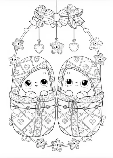 A coloring page of Colorful Cuddles: Baby Twins in Blankets