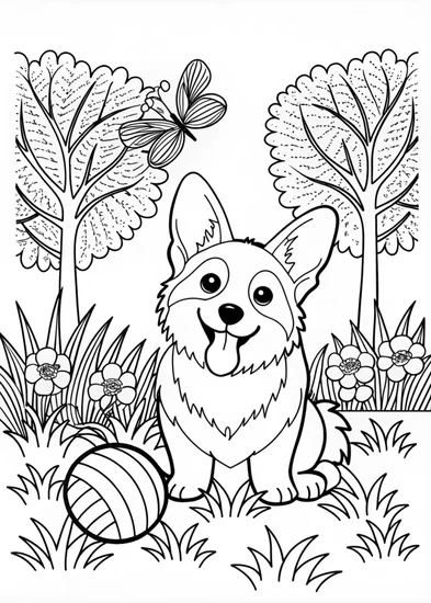 A coloring page of Smiling Corgi Coloring Fun