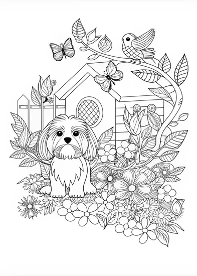 A coloring page of Fluffy Dog in a Swirly Background