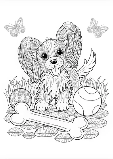 A coloring page of Cuddly Puppy with a Giant Bone