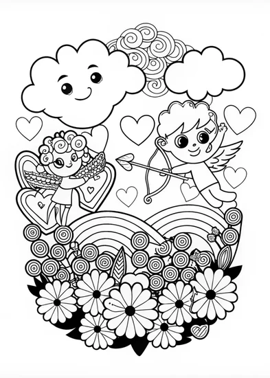 A coloring page of Cupid’s Valentine’s Day Adventure