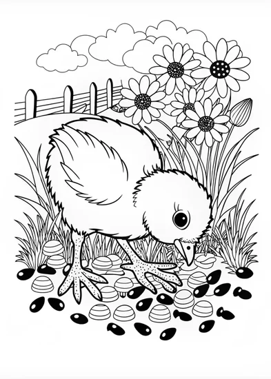 A coloring page of Curious Chick Pecking at Seeds