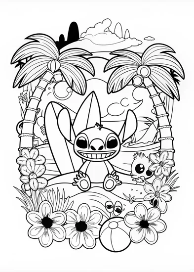 A coloring page of Stitch’s Tropical Adventure Coloring Page