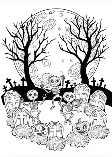 A coloring page of Dancing Skeletons in the Moonlit Graveyard