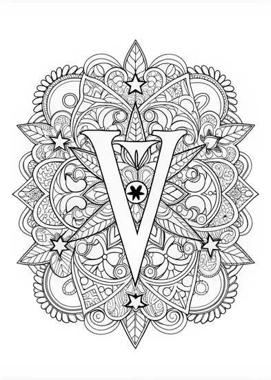 A coloring page of Decorative Letter ‘V’ with Stars and Hearts