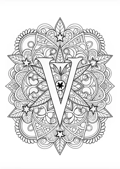 A coloring page of Decorative Letter ‘V’ with Stars and Hearts