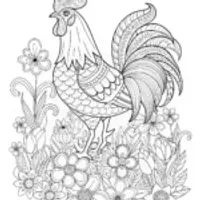 Decorative Rooster Among Spring Flowers