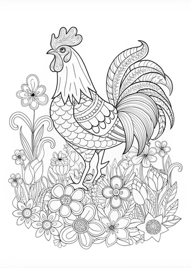 A coloring page of Decorative Rooster Among Spring Flowers