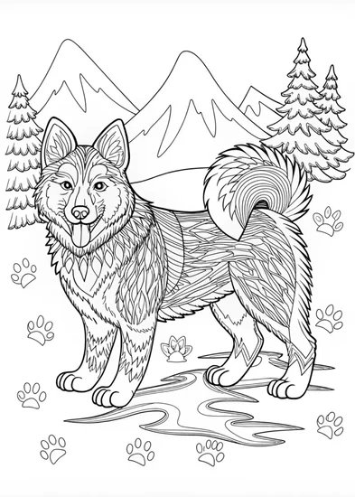 A coloring page of Detailed Alaskan Malamute