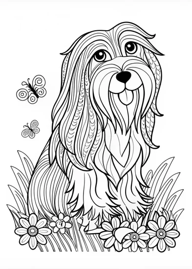 A coloring page of Happy Fluffy Dog Coloring Page