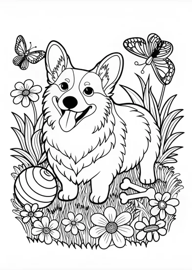A coloring page of Smiling Corgi in the Garden