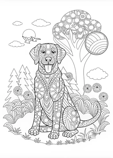 A coloring page of Dog in Floral Garden Coloring Page