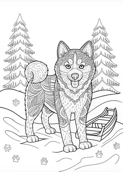 A coloring page of Detailed Siberian Husky