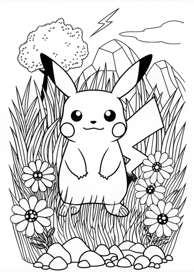A coloring page of Determined Pikachu