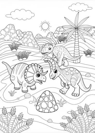 A coloring page of Dino Adventures in the Desert