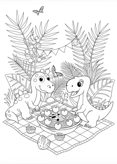 A coloring page of Dino’s Jungle Feast