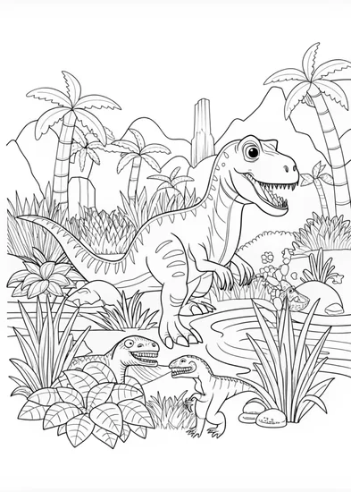 A coloring page of Dinosaur Adventure with T-Rex