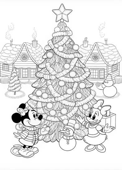 A coloring page of Santa Claus by the Christmas Tree