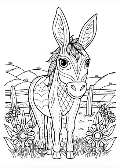A coloring page of Donkey in the Field Coloring Page