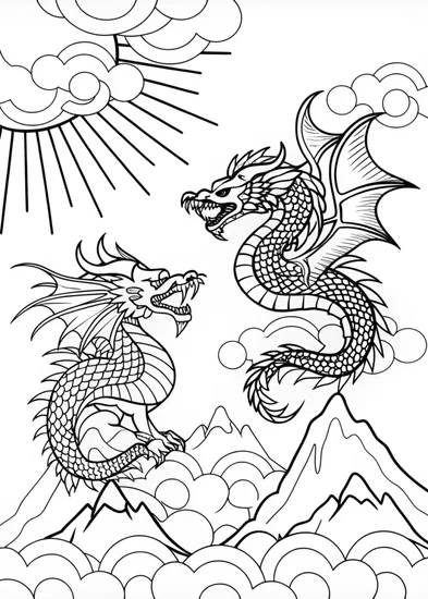 A coloring page of Ferocious Dragon in the Clouds Coloring Page