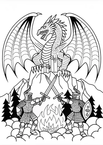 A coloring page of Epic Battle with the Ferocious Dragon