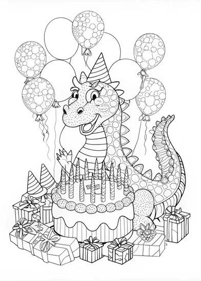 A coloring page of Dragon’s Birthday Party Coloring Page