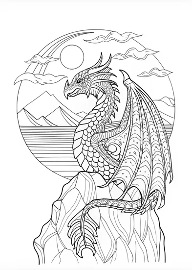 A coloring page of dragon soaring from a cliff coloring page