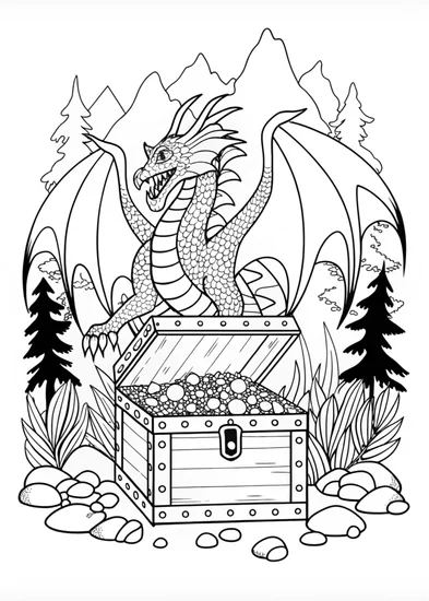 A coloring page of Dragon Guarding Treasure Chest Coloring Page