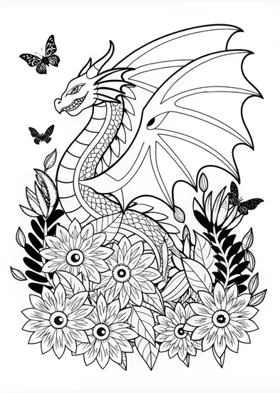 A coloring page of Dragon in a beautiful garden