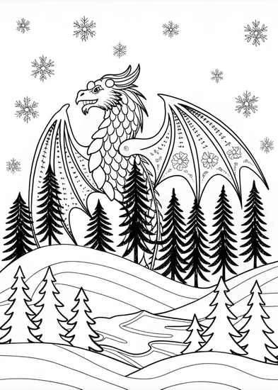 A coloring page of Mighty Dragon Overlooking Snowy Mountains