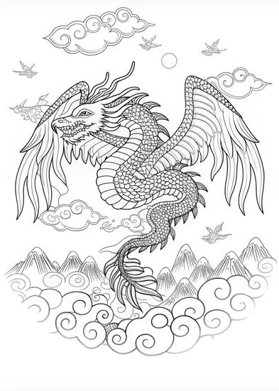A coloring page of Dragon Soaring Above the Clouds Coloring Page