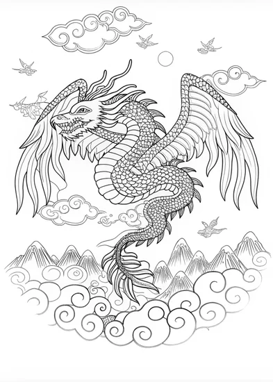 A coloring page of Dragon Soaring Above the Clouds Coloring Page