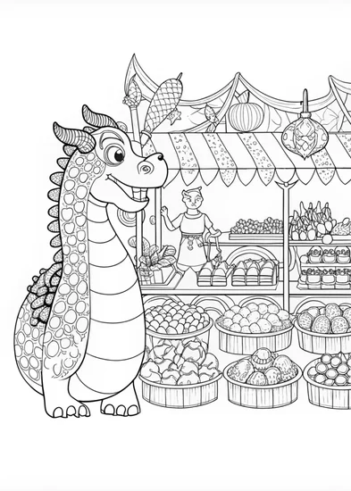 A coloring page of Dragon’s Delight at the Market