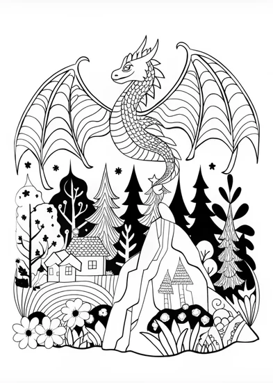 A coloring page of Dragon in an enchanted forest