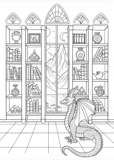 A coloring page of Dragon Guarding the Ancient Temple