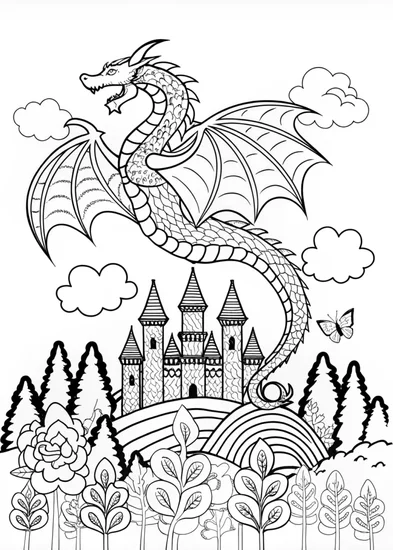 A coloring page of Majestic Dragon on the Mountain Top