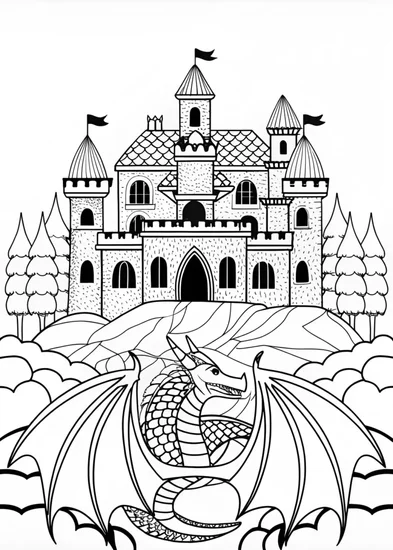 A coloring page of Dragon Guarding the Castle