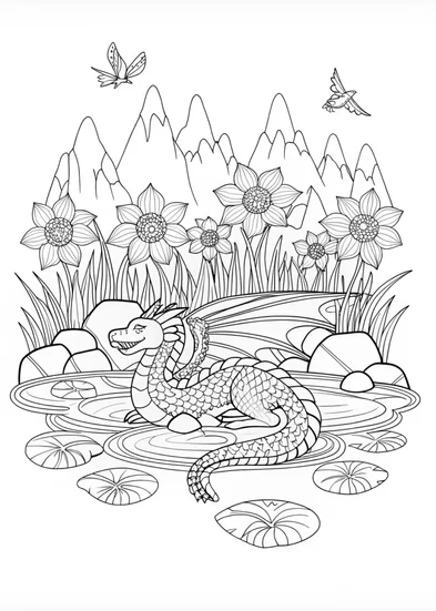 A coloring page of Majestic Mountain Dragon by the Lakeside