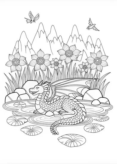 A coloring page of Majestic Mountain Dragon by the Lakeside